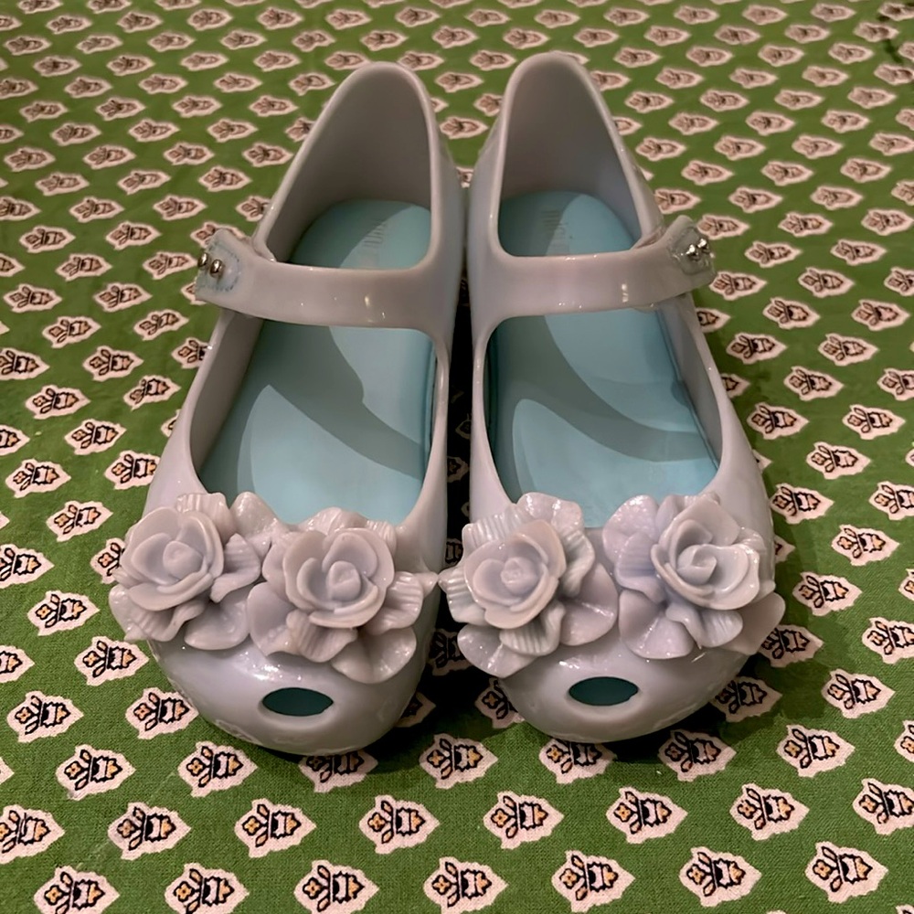 Mini Melissa Mary Jane in a beautiful sparkly pale blue in US Toddler size 10.